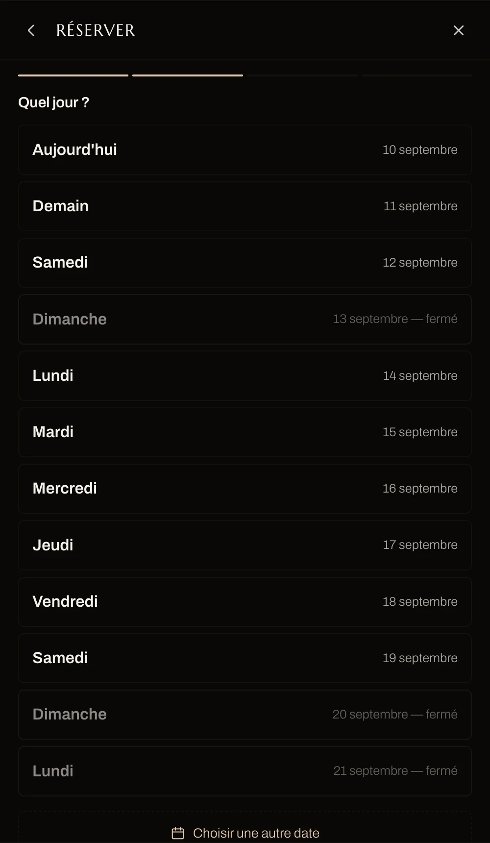 La liste des jours, les jours de fermeture marqués comme tels